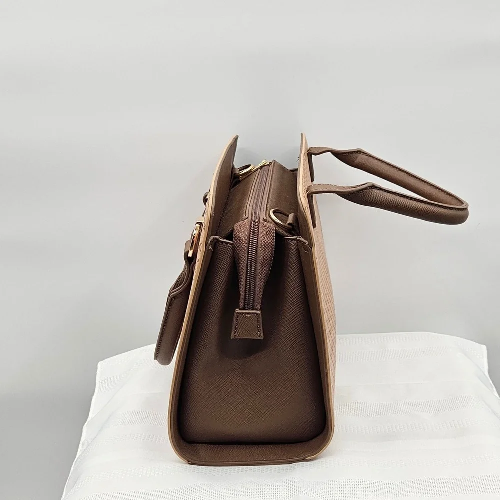 Crossi Brown Tan Geometric Lattice Satchel Double‎ Compartment Crossbody Bag